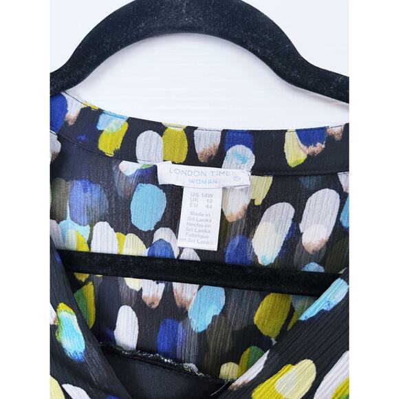 London Times Fit & Flare Long Sleeve Polka Dot Dress Plus 14W Black Blue - Picture 4 of 6